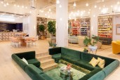 The Brooklyn outpost for the Wing, a women’s-only coworking space, sports a sunken lounge, beauty room, and plush materials palette that brings a renewed vibrancy to what was an old tape factory.