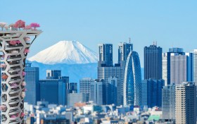 view of the green filter tower in the urban context of Tokyo