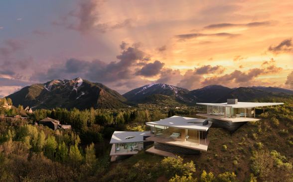 Framing views south toward Aspen Mountain, a series of five terraced glass, stone, and timber pavilions that ascend along the ridge of Red Mountain.