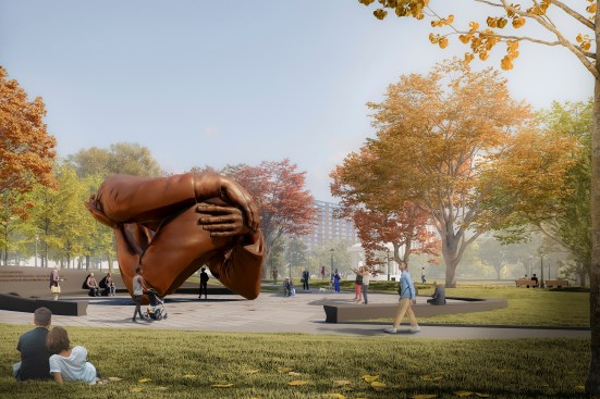 The King Boston memorial, The Embrace, will be located in Boston and dedicated to Martin Luther King Jr. and Coretta Scott King. The forthcoming project was designed by artist Hank Willis Thomas and MASS Design Group’s Public Memory and Memorials Lab, with funds from the Mellon Foundation.