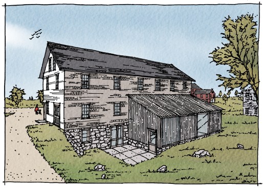 BACK VIEW OF HERB HOUSE WITH RECONSTRUCTION OF WOOD SHED