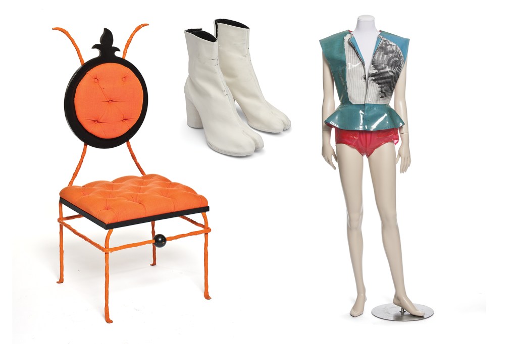Iconic design moments on display included a Christian Lacroix chair, by Elizabeth Garouste and Mattia Bonetti (1987); Maison Martin Margiela’s Tabi boots (1989); and an Élisabeth de Senneville set (1983).