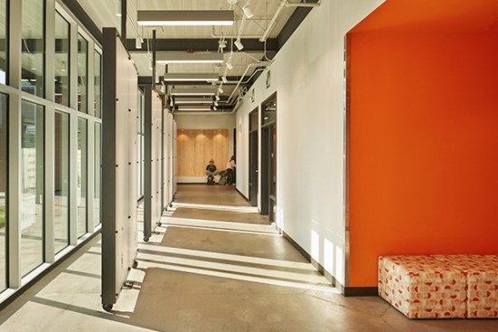 The new addition features a student gallery designed into the circulation. This innovative design showcases student work and helps to personalize the school.