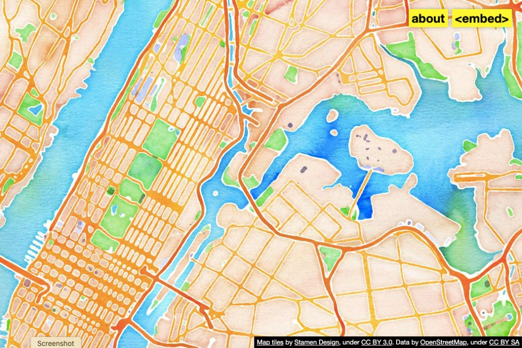 Website, Watercolor Maptiles, 2012-15, live version 2020-21; designed by Eric Rodenbeck, Zachary Watson, Geraldine Sarmiento, Michal Migurski, and Nathaniel Kelso, Stamen Design