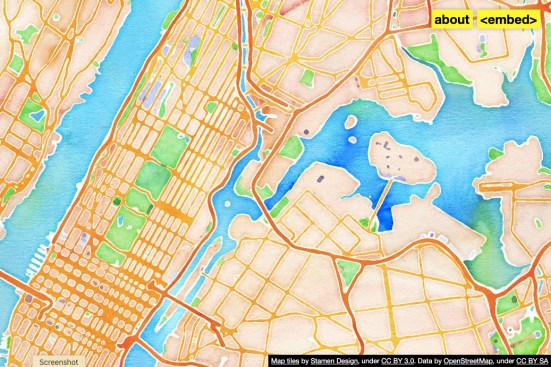 Website, Watercolor Maptiles, 2012-15, live version 2020-21; designed by Eric Rodenbeck, Zachary Watson, Geraldine Sarmiento, Michal Migurski, and Nathaniel Kelso, Stamen Design
