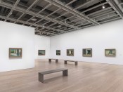 Installation view of Edward Hopper’s New York (Whitney Museum of American Art, New York, October 19, 2022- March 5, 2023). From left to right: August in the City, 1945; Intermission, 1963; Chair Car, 1965; Sunlight in a Cafeteria, 1958; New York Office, 1962; Morning Sun, 1952.