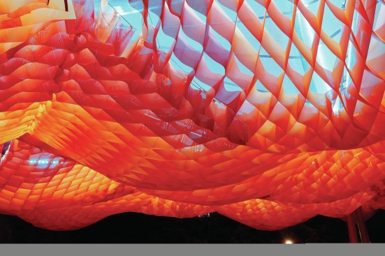 Detail of MPavilion, designed by Bangkok-based architecture and design practice, all(zone), which is Australia's leading architecture commission, located in Queen Victoria Gardens, Melbourne.