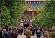 MAHKU (Movimento dos Artistas Huni Kuin), external view of Kapewe Pukeni [Bridgealligator], 2024, at “Foreigners Everywhere,” at the 60th International Art Exhibition – La Biennale di Venezia. Photo by AVZ. Courtesy of La Biennale di Venezia.