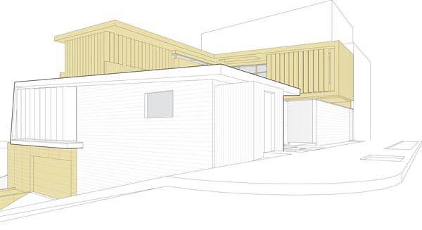 Louvers and a low-slung roofline help tie the upper-level addition to the original house. Serrao set the addition back, deferring to Schindlers work while also creating private space outside the master suite.