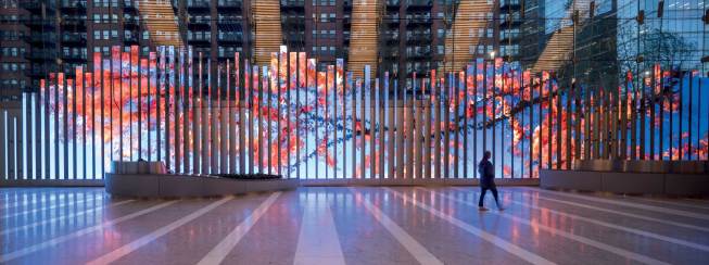 150 Media Stream LED Wall - As a one-of-a-kind curated multimedia wall, the 150 Media Stream showcases the work of local and other digital artists across a series of 89 custom LED blades that are carefully choreographed in varying lengths and widths.