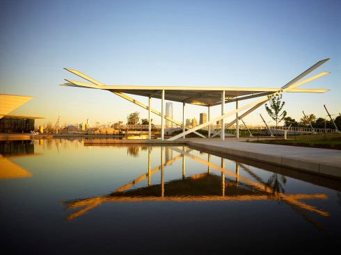Pavilion corner detail with downtown on the horizon.