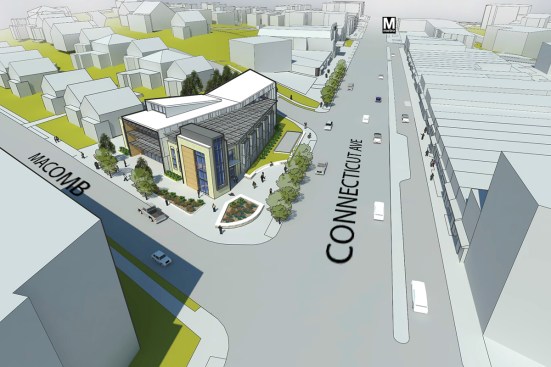 Aerial rendering of southeast corner. (Oct. 2015)