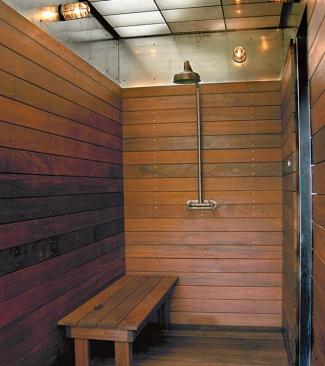 A translucent ceiling creates a skylit shower.