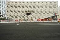 The Broad's façade lifts at its Grand Avenue corners to allow entrance into the building.