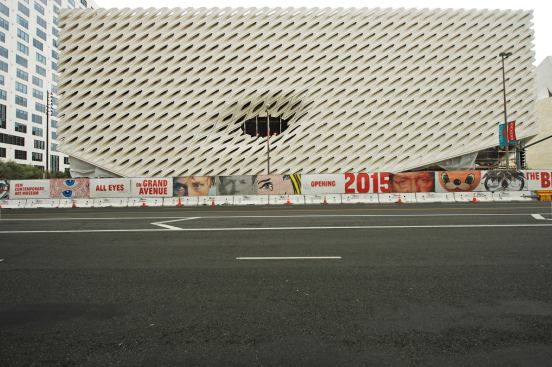 The Broad's façade lifts at its Grand Avenue corners to allow entrance into the building.