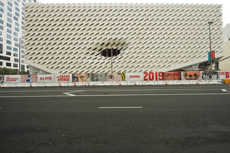 The Broad's façade lifts at its Grand Avenue corners to allow entrance into the building.
