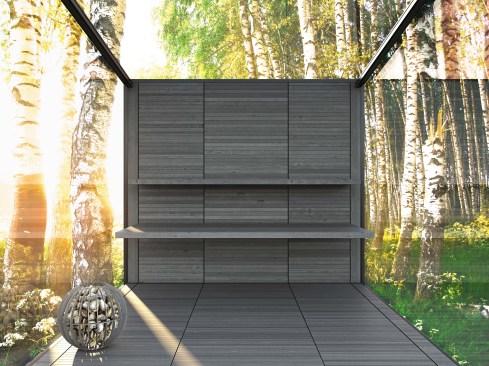 "Look at the landscape and see yourself, a sacred connection and reflection - what does it reveal?" -John O'Donohue. The SAUNA model has integrated wood benches and stainless steel basket holding stones and concealed electric heating element. The majority of heating can be provided naturally by passive solar.
