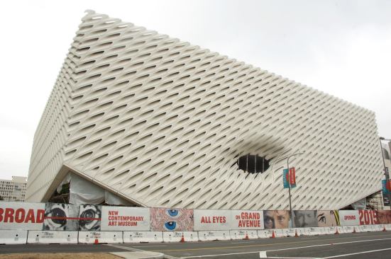 Comprised of steel and 2,500 fiber-reinforced concrete panels, The Broad's exterior, free of scaffolding, is now visible.