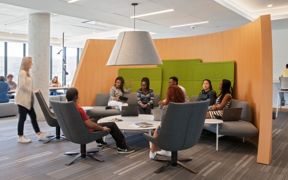 A student lounge at Centennial Place, the 740-bed residence at Centennial College, Toronto.