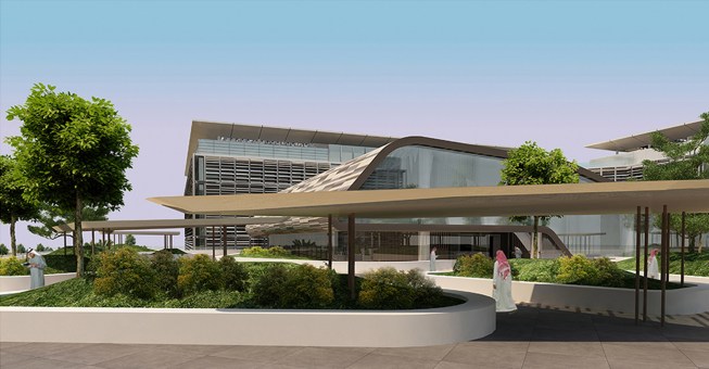 A shaded terrace landscape on the roof of the central podium building provides an open-air resting or meeting spot. 