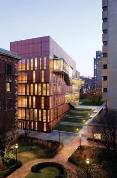 Projecting from the building's west fa?ade is an articulated volume that is mostly filled with, of all things, a fire stair. A way to add dynamic circulation, the clear vision panels showcase students walking though the corridors. The topmost level of the stair volume houses a lecture room and hides HVAC vents above. The terraced green space can be used for everything from informal gatherings to outdoor performances. The sloping levels were designed to create a smooth transition down to the historic Milbank Hall (Barnard's oldest campus building), which was cut off from the rest of campus when a massive concrete plinth was installed in the 1960s. The restored circulation and sight lines create a more unified campus environment.