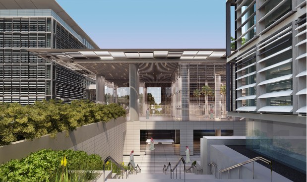 The lower level of the central podium building leads to the academic center where employees can learn new skills and expand their knowledge base. 