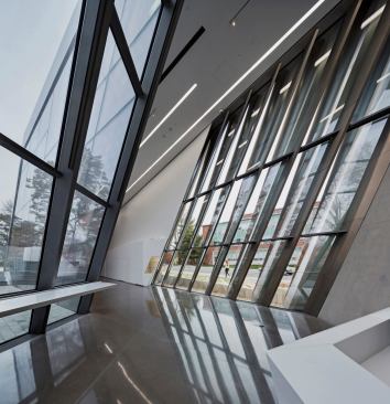 Interior, view to entrance into the first-floor education wing.