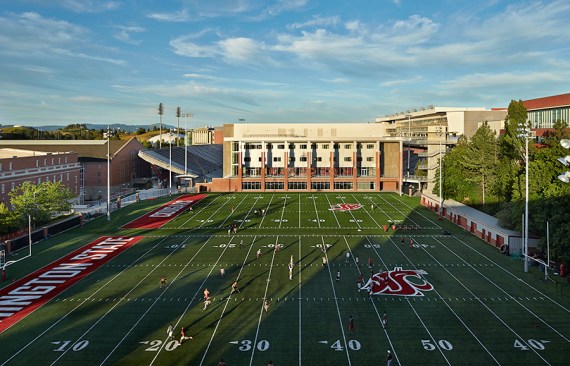 Inspired by campus architecture, brick is used to anchor the building. 