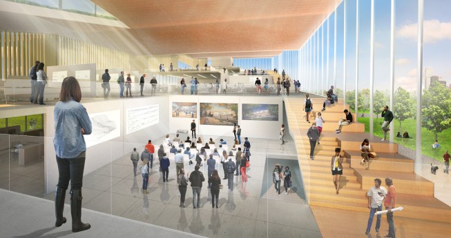 2013 Design Competition: Interior rendering with stair along North facade.