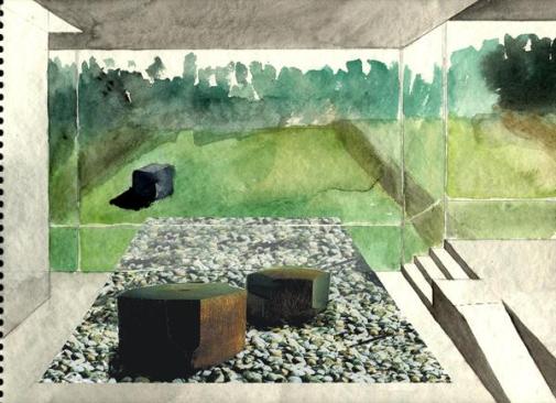 Watercolor showing Noguchi Courtyard