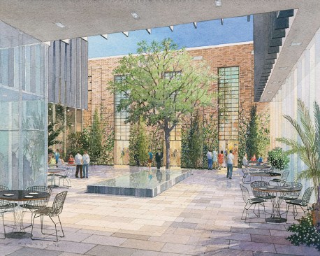 The courtyard is part of a pedestrian mews with north-south connection through the facility.