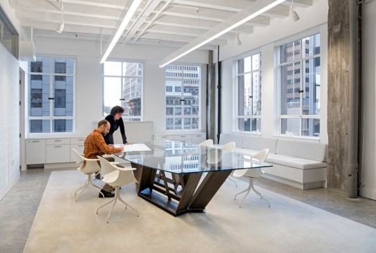 Conference room with table created from pieces of the Bay Bridge