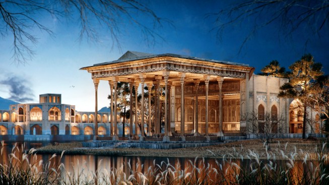 Night view render of Ayine Khaneh palace and Khaju bridge