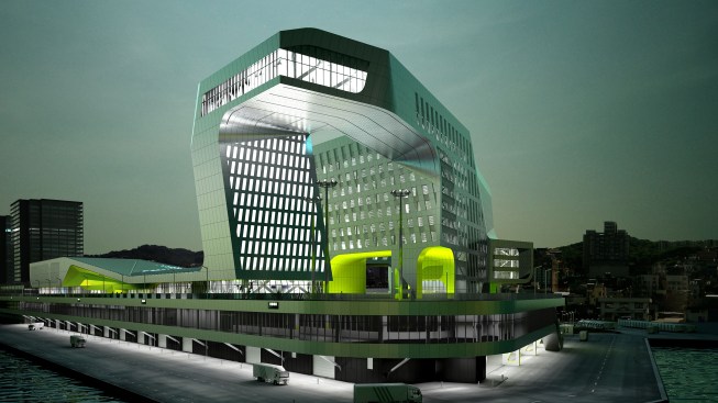 At the northeast corner of the site, two office towers meet in a sky bridge that houses a restaurant.