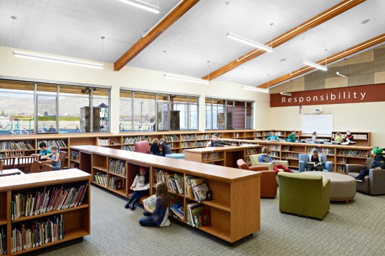 Library features high ceilings and daylighting.