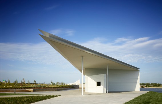 The Raft Building roof extends to provide protection to white water enthusiasts as they check in and get orientation