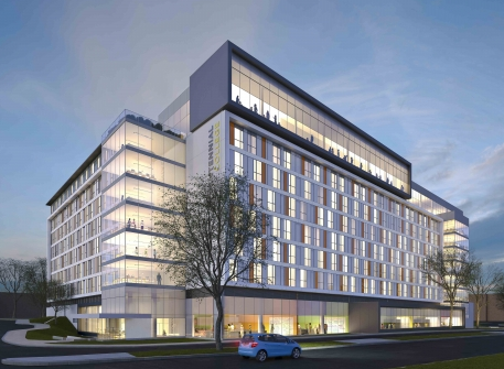 The south-facing facade features a panoramic banquet facility on the 8th floor for 425 people.