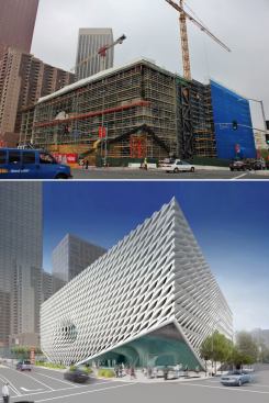 Top: Exterior view, from Grand Avenue, of The Broad under construction. Bottom: Rendering of the exterior of The Broad from 2nd Street and Grand Avenue.