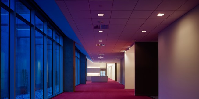 The lower level lobby supports the adjacent presentation rooms.  A daylight atrium brings light into the lower level.