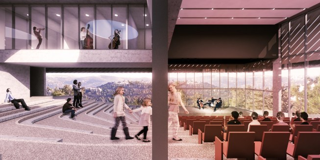 Transition from courtyard to auditorium