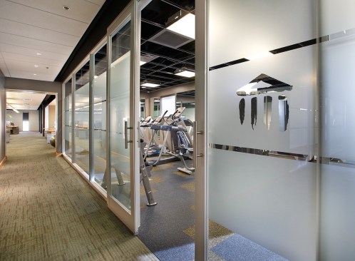 Hallway connecting workout space with open production area.