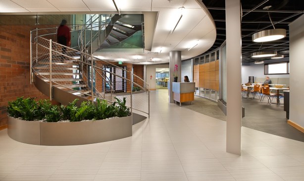 Modern spiral staircase utilizing wood and metal components is brightened by an interior  tropical planter.