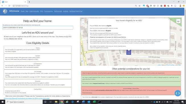 Parcel eligibility details from the ADUniverse prototype