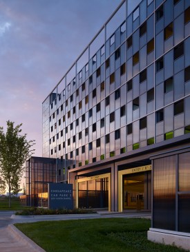The north elevation automobile entry/exit is articulated with color identifying the level that you are entering on.  