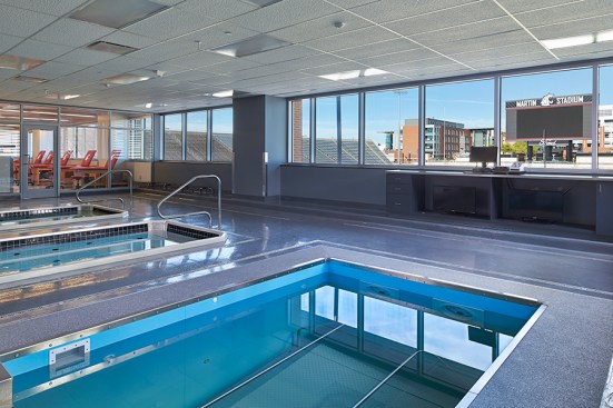 The sports medicine trainer's room features state of the art hydrotherapy pools.