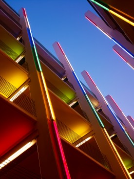 From ground level the atrium columns and slabs become a colorful puzzle