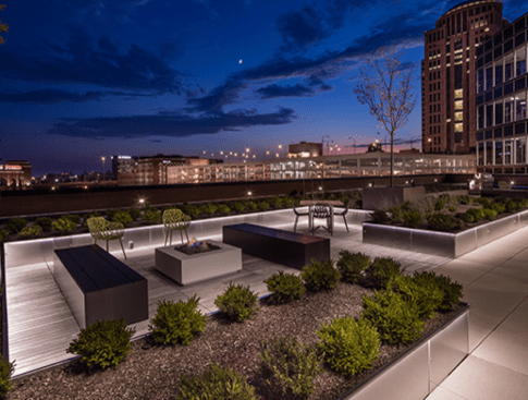 Outdoor gathering space at 700 Market Street - designed by Arcturis
