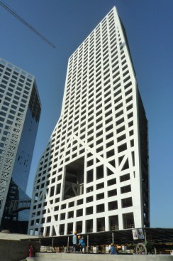 Looking upwards at one of the nearly completed towers.