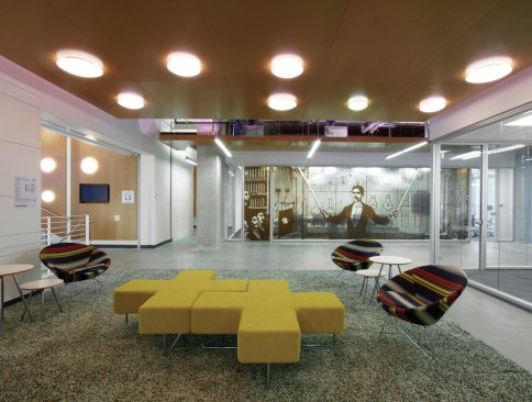 Murals in the offices depict innovators of previous eras.