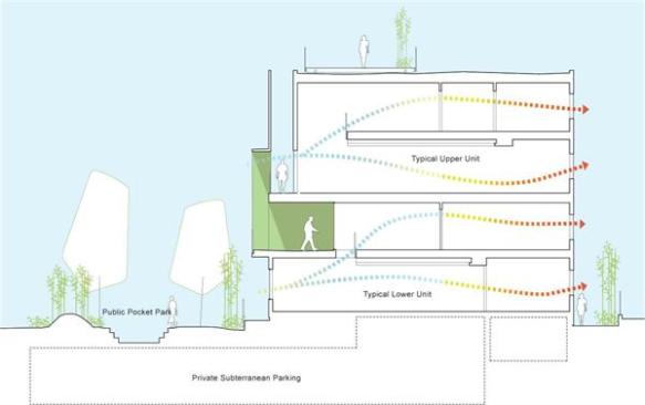 A section drawing of the building shows its cross-ventilation, its relationship to the park, and its parking arrangement. 